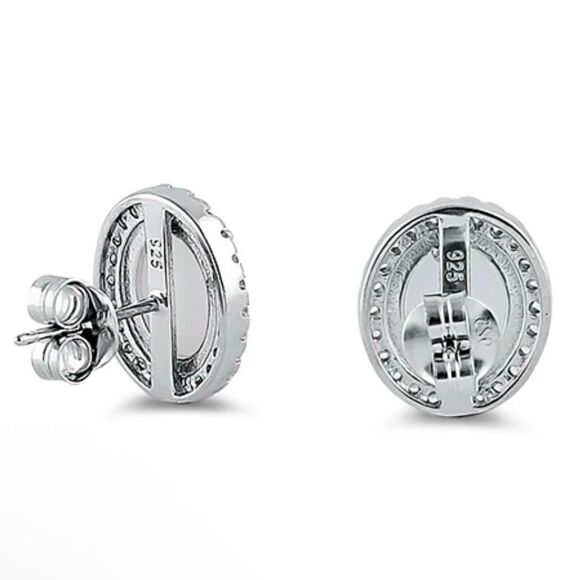 Sterling Silver White Opal & Clear CZ Oval Stud Earrings New - Picture 4 of 4